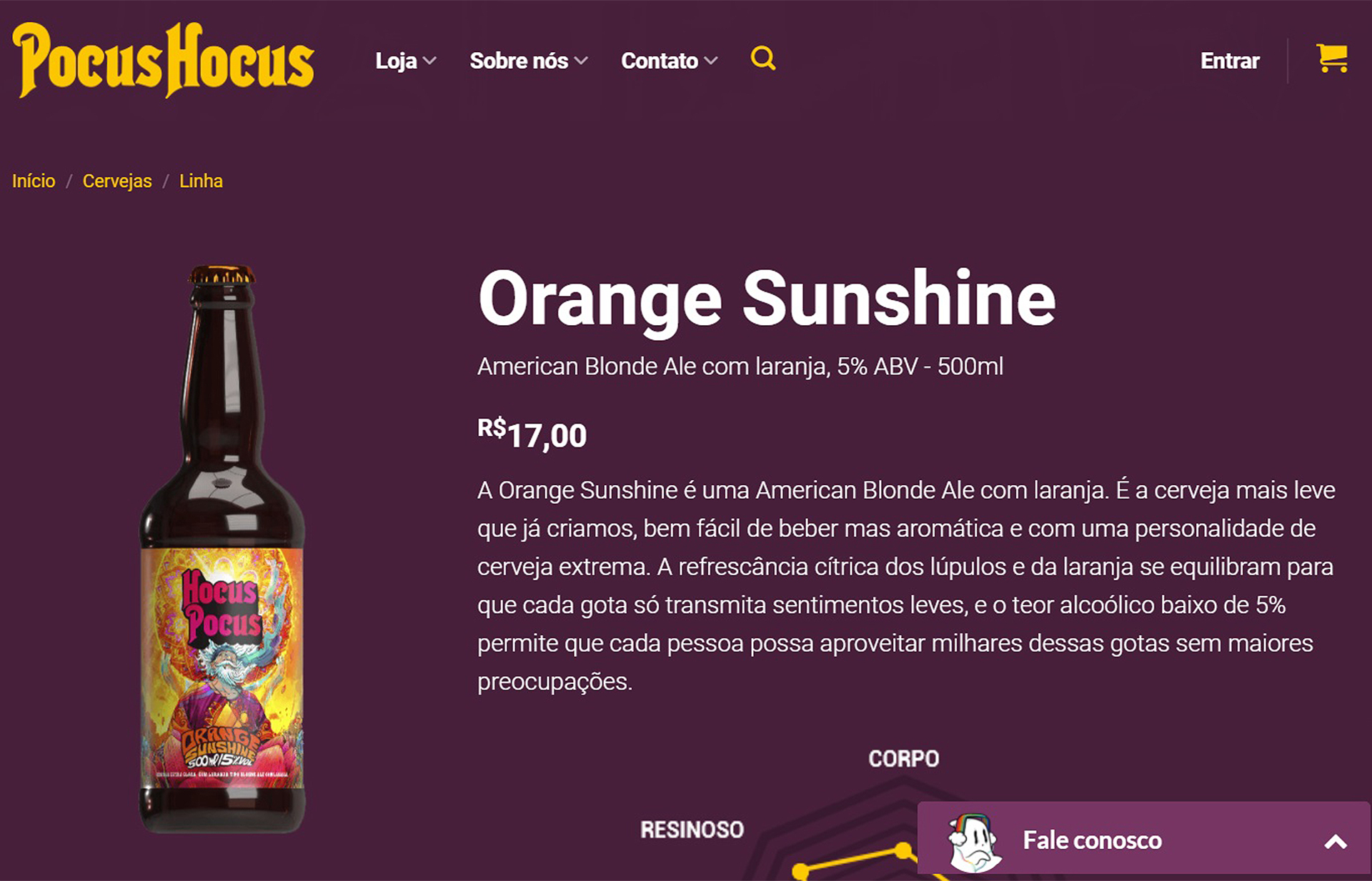 Descrição de produto no site da Hocus Pocus