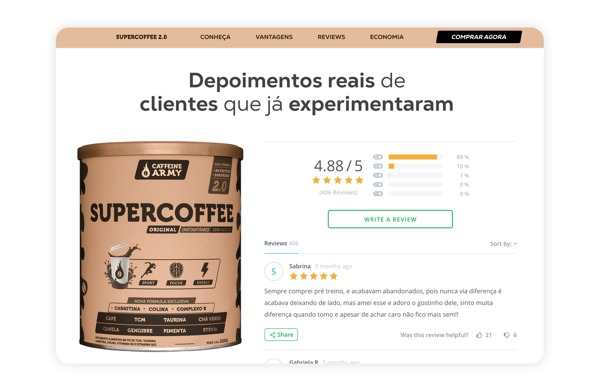 Seção de avaliações em página de produto da Caffeine Army
