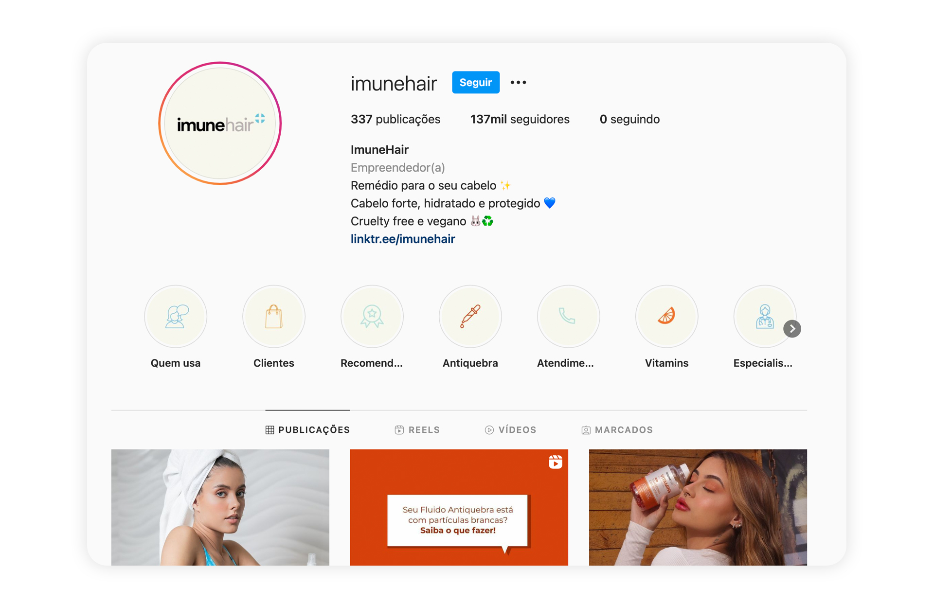 Destaques de Stories com depoimentos de clientes no Instagram da ImuneHair