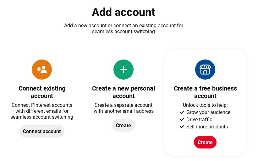 Tela do Pinterest com a opção de criar uma conta business gratuita